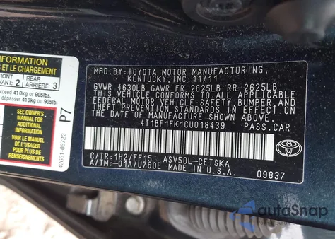 2012 Toyota Camry Se из США, поврежденный, VIN 4T1BF1FK1CU018439